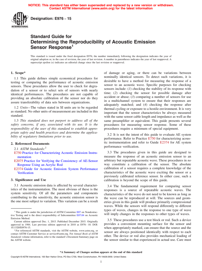 ASTM E976-15 - Standard Guide for  Determining the Reproducibility of Acoustic Emission Sensor  Response