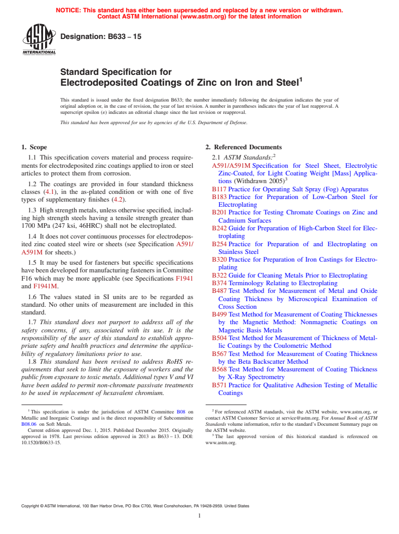 ASTM B633-15 - Standard Specification for Electrodeposited Coatings of Zinc on Iron and Steel