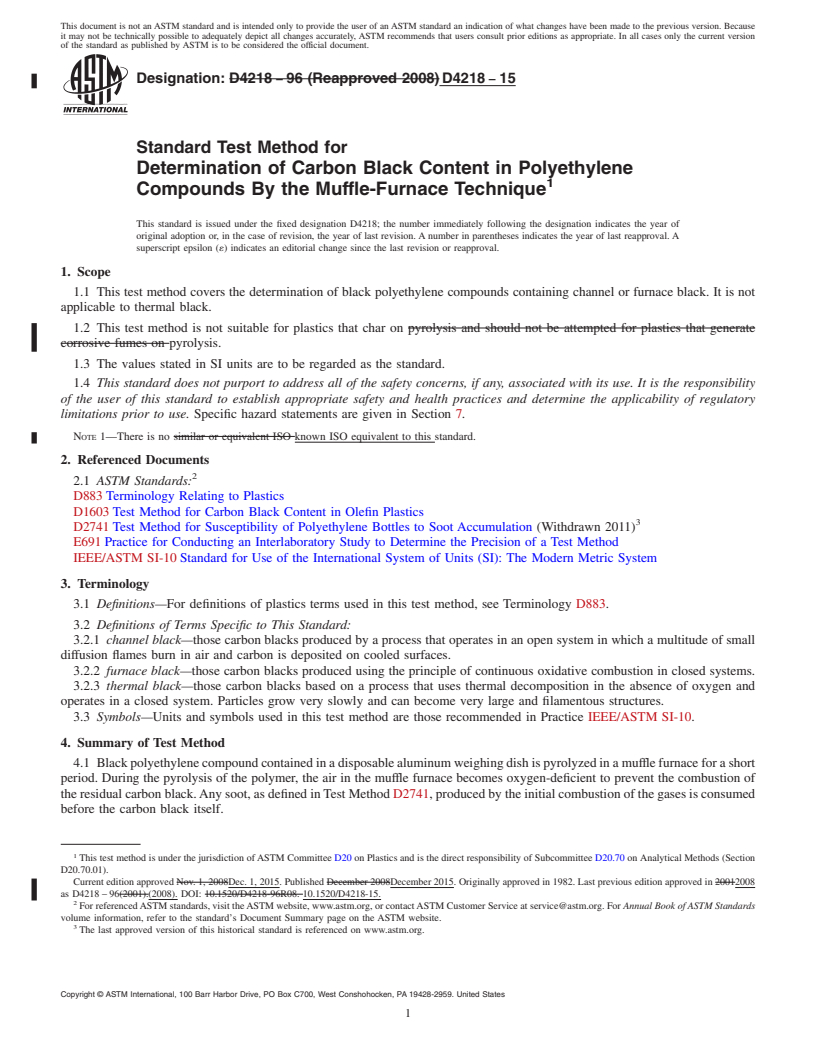 REDLINE ASTM D4218-15 - Standard Test Method for  Determination of Carbon Black Content in Polyethylene Compounds  By the Muffle-Furnace Technique