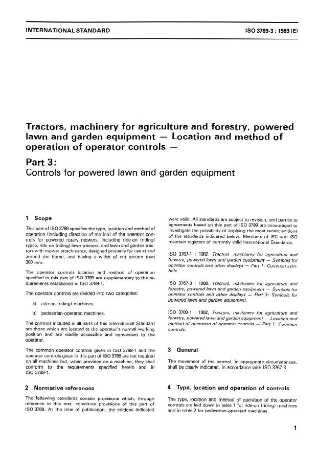 ISO 3789-3:1989 - Tractors, machinery for agriculture and forestry, powered lawn and garden equipment -- Location and method of operation of operator controls