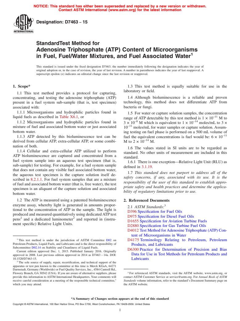 ASTM D7463-15 - Standard Test Method for  Adenosine Triphosphate (ATP) Content of Microorganisms in Fuel,  Fuel/Water Mixtures, and Fuel Associated Water