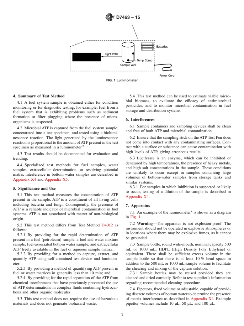 ASTM D7463-15 - Standard Test Method for  Adenosine Triphosphate (ATP) Content of Microorganisms in Fuel,  Fuel/Water Mixtures, and Fuel Associated Water