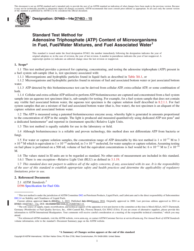 REDLINE ASTM D7463-15 - Standard Test Method for  Adenosine Triphosphate (ATP) Content of Microorganisms in Fuel,  Fuel/Water Mixtures, and Fuel Associated Water