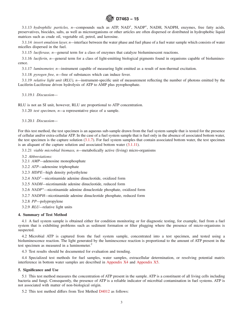 REDLINE ASTM D7463-15 - Standard Test Method for  Adenosine Triphosphate (ATP) Content of Microorganisms in Fuel,  Fuel/Water Mixtures, and Fuel Associated Water