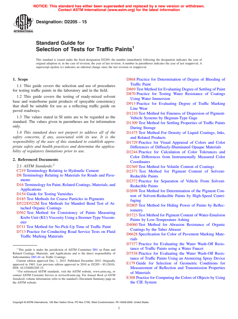 ASTM D2205-15 - Standard Guide for Selection of Tests for Traffic Paints