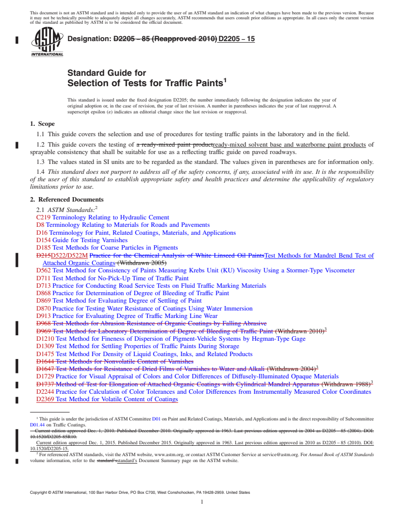 REDLINE ASTM D2205-15 - Standard Guide for Selection of Tests for Traffic Paints