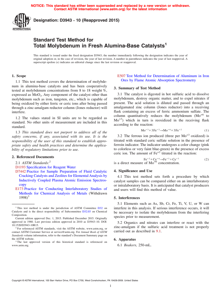 ASTM D3943-10(2015) - Standard Test Method for  Total Molybdenum in Fresh Alumina-Base Catalysts