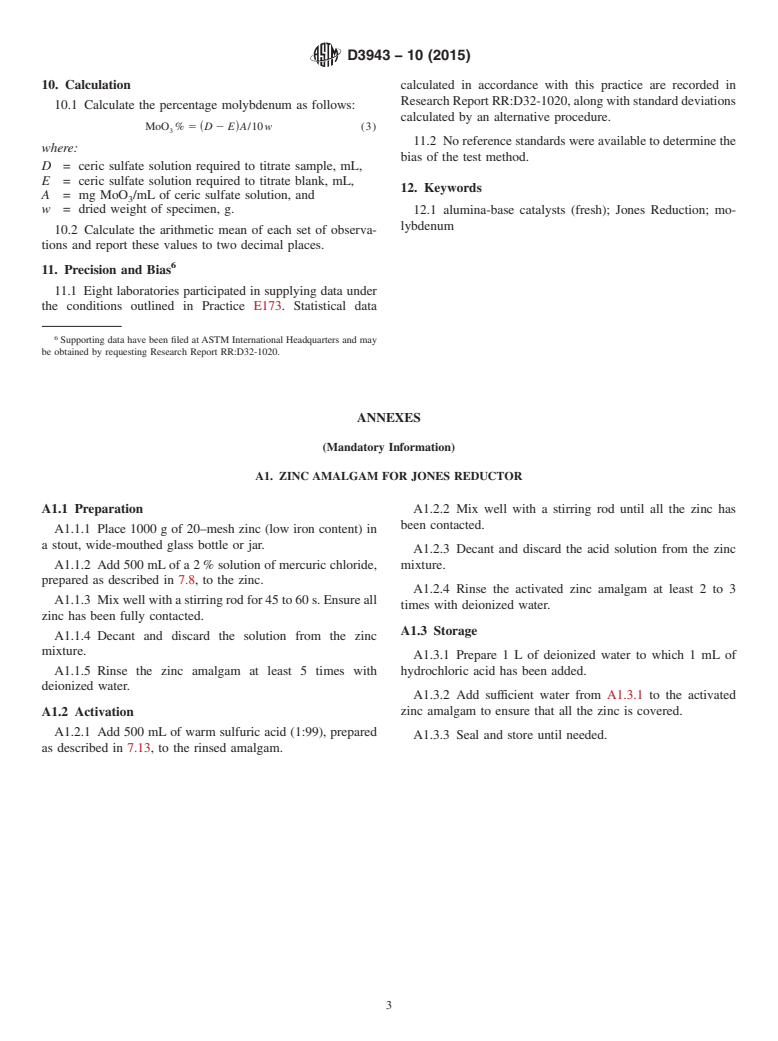 ASTM D3943-10(2015) - Standard Test Method for  Total Molybdenum in Fresh Alumina-Base Catalysts