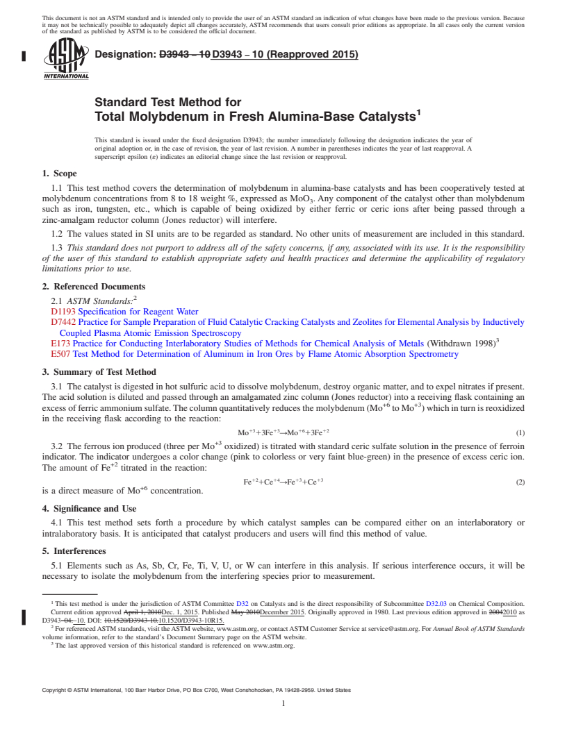 REDLINE ASTM D3943-10(2015) - Standard Test Method for  Total Molybdenum in Fresh Alumina-Base Catalysts