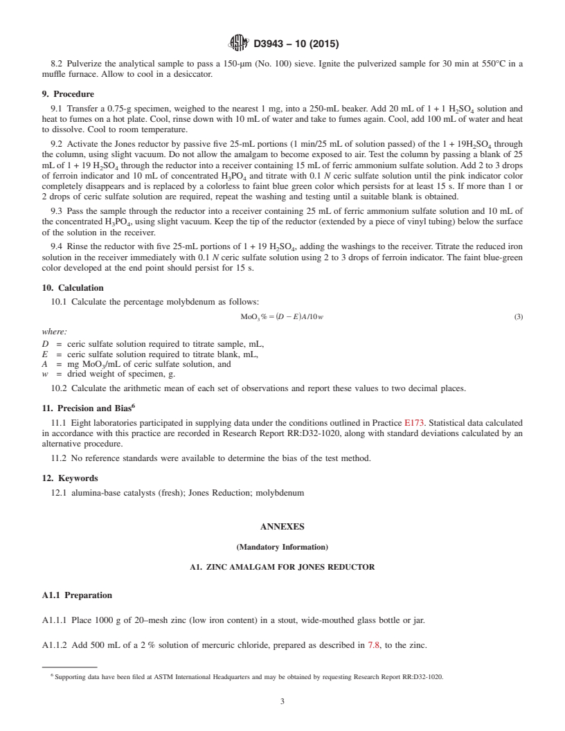 REDLINE ASTM D3943-10(2015) - Standard Test Method for  Total Molybdenum in Fresh Alumina-Base Catalysts