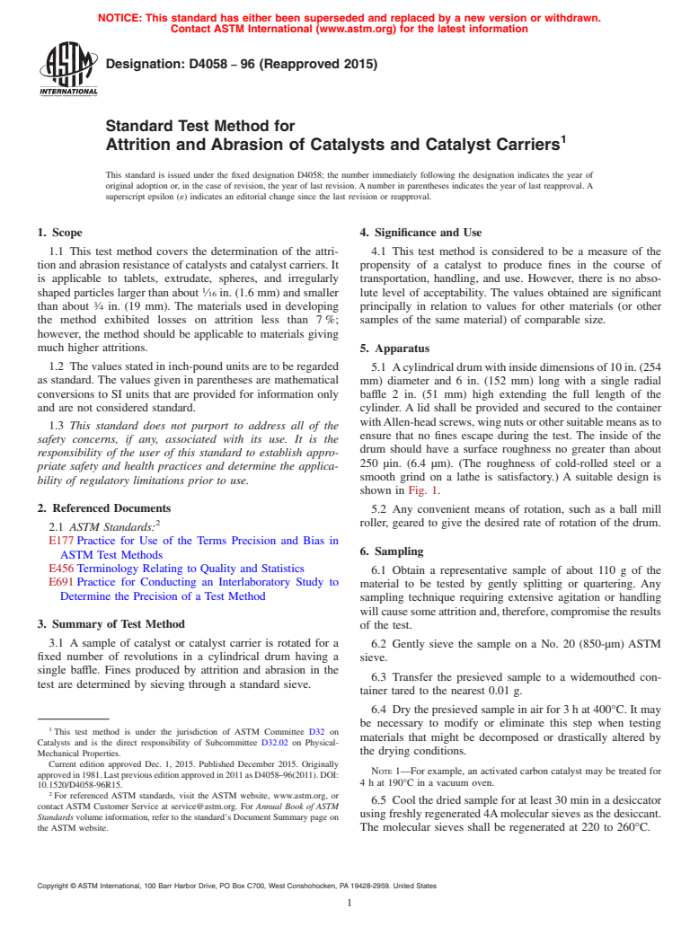 ASTM D4058-96(2015) - Standard Test Method for  Attrition and Abrasion of Catalysts and Catalyst Carriers