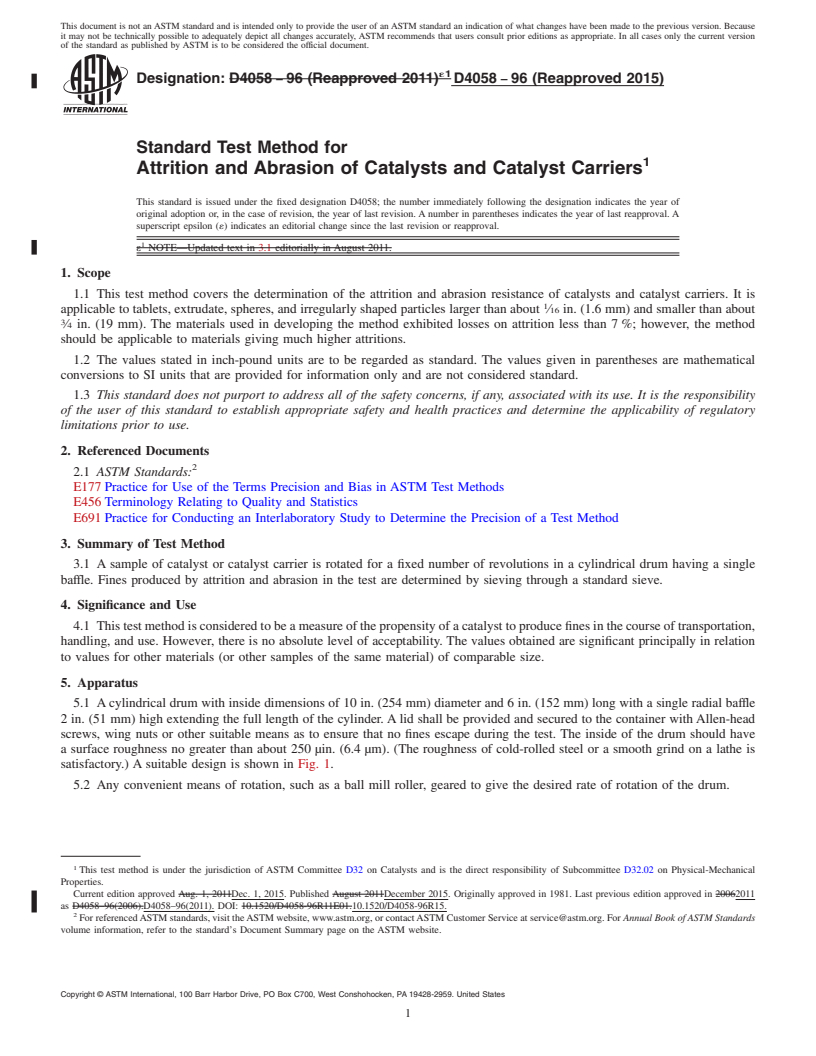 REDLINE ASTM D4058-96(2015) - Standard Test Method for  Attrition and Abrasion of Catalysts and Catalyst Carriers