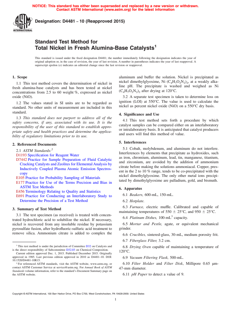 ASTM D4481-10(2015) - Standard Test Method for  Total Nickel in Fresh Alumina-Base Catalysts