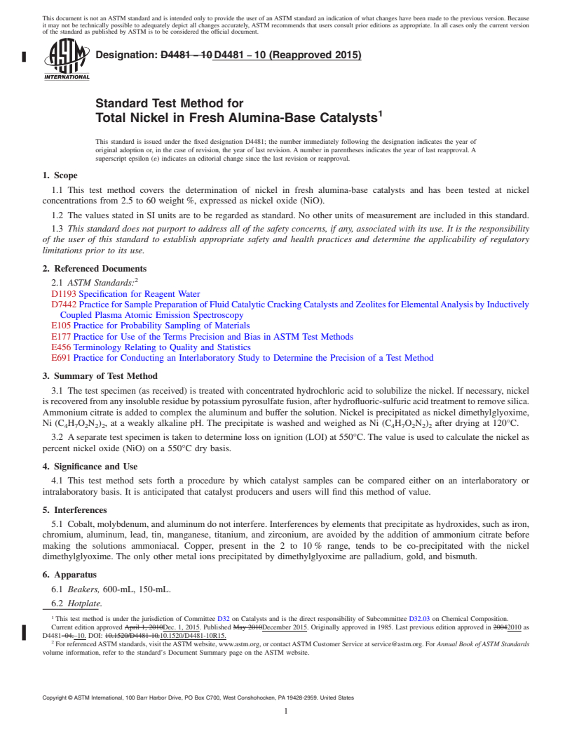 REDLINE ASTM D4481-10(2015) - Standard Test Method for  Total Nickel in Fresh Alumina-Base Catalysts