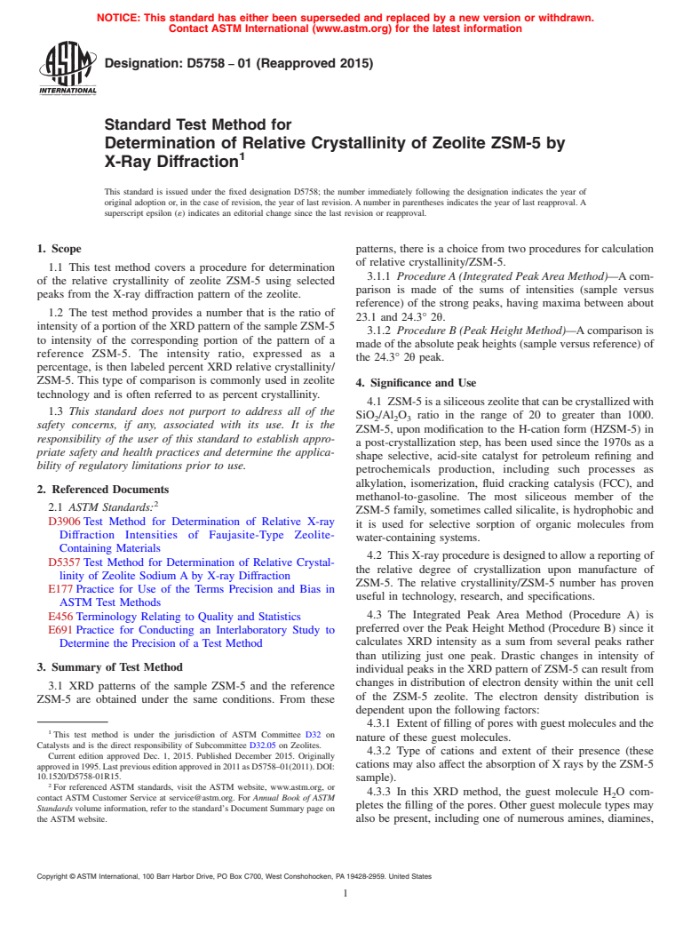 ASTM D5758-01(2015) - Standard Test Method for  Determination of Relative Crystallinity of Zeolite ZSM-5 by  X-Ray Diffraction