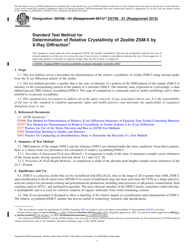 REDLINE ASTM D5758-01(2015) - Standard Test Method for  Determination of Relative Crystallinity of Zeolite ZSM-5 by  X-Ray Diffraction