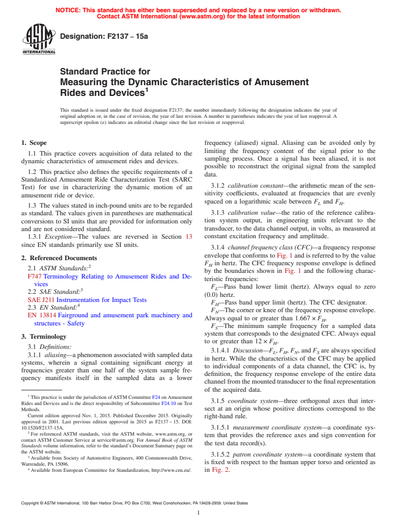 ASTM F2137-15a - Standard Practice for Measuring the Dynamic Characteristics of Amusement Rides and  Devices