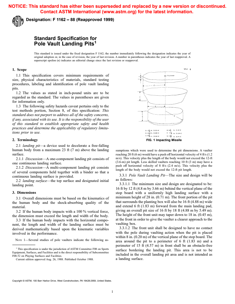 ASTM F1162-88(1999) - Standard Specification for Pole Vault Landing Pits