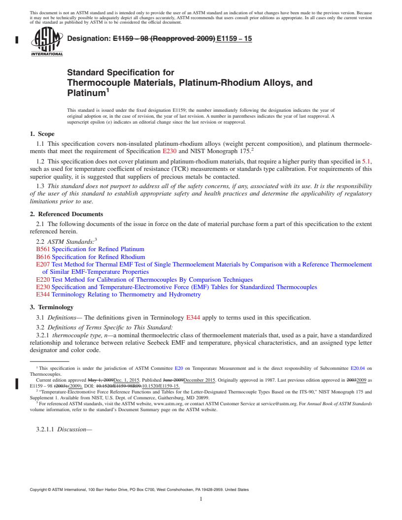 REDLINE ASTM E1159-15 - Standard Specification for  Thermocouple Materials, Platinum-Rhodium Alloys, and Platinum