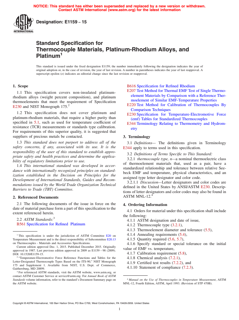 ASTM E1159-15 - Standard Specification for  Thermocouple Materials, Platinum-Rhodium Alloys, and Platinum