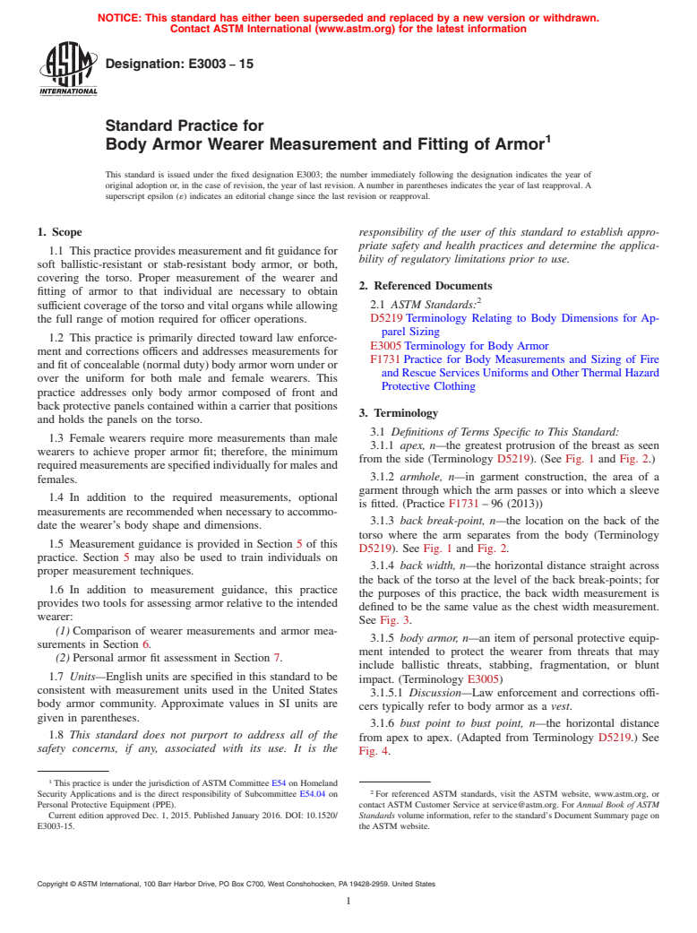 ASTM E3003-15 - Standard Practice for Body Armor Wearer Measurement and Fitting of Armor