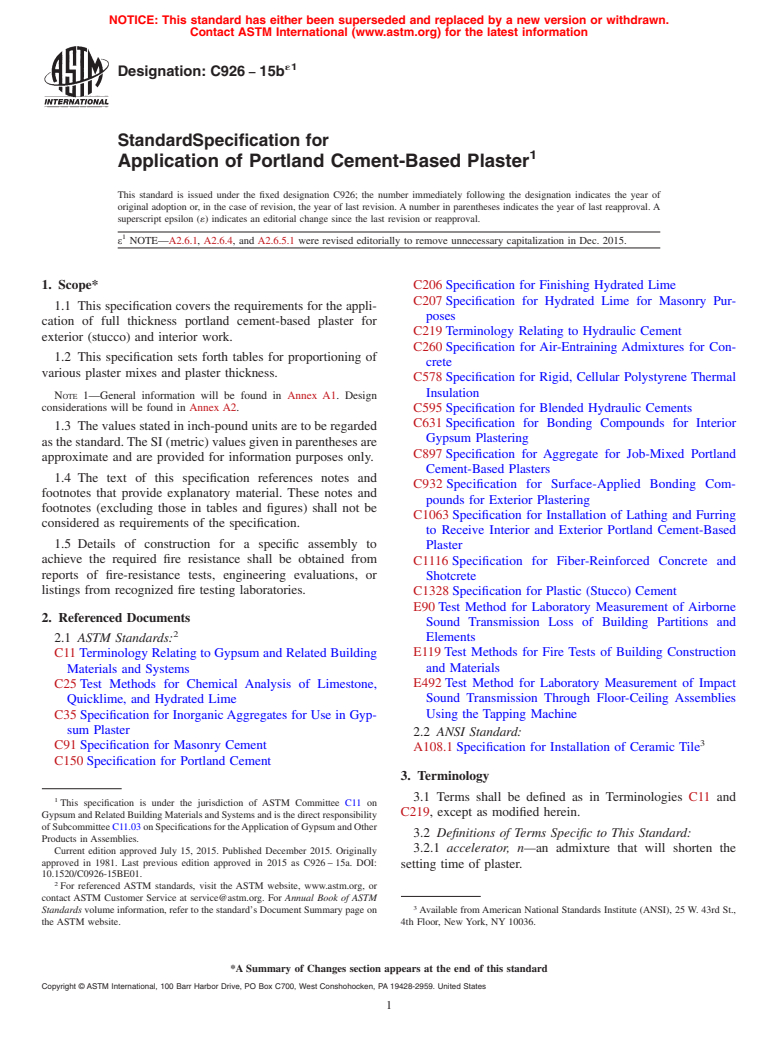ASTM C926-15be1 - Standard Specification for  Application of Portland Cement-Based Plaster
