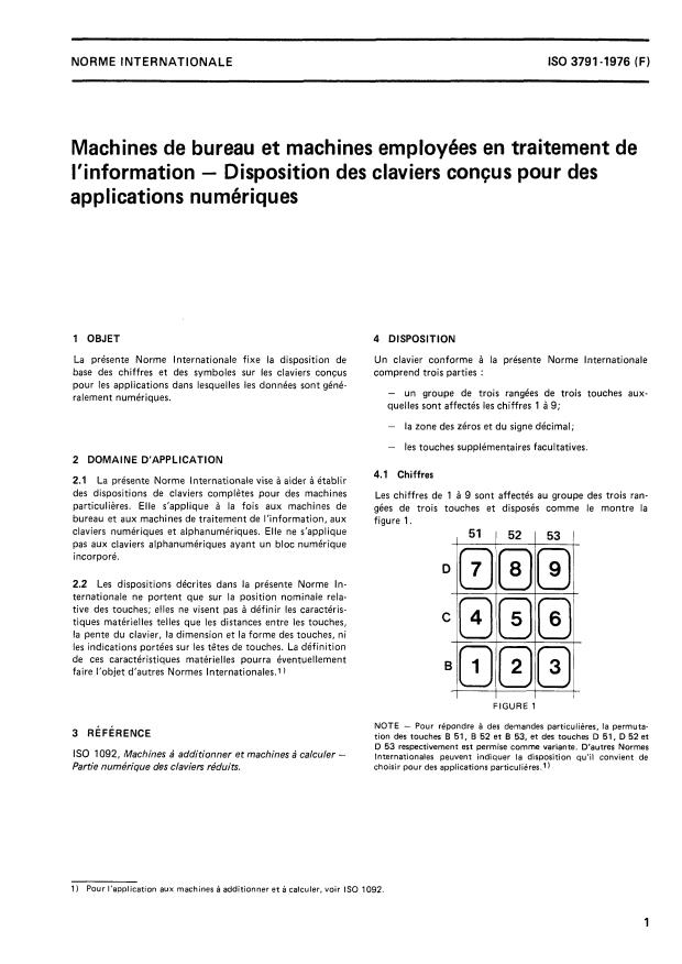 ISO 3791:1976 - Machines de bureau et machines employées en traitement de l'information -- Disposition des claviers conçus pour des applications numériques