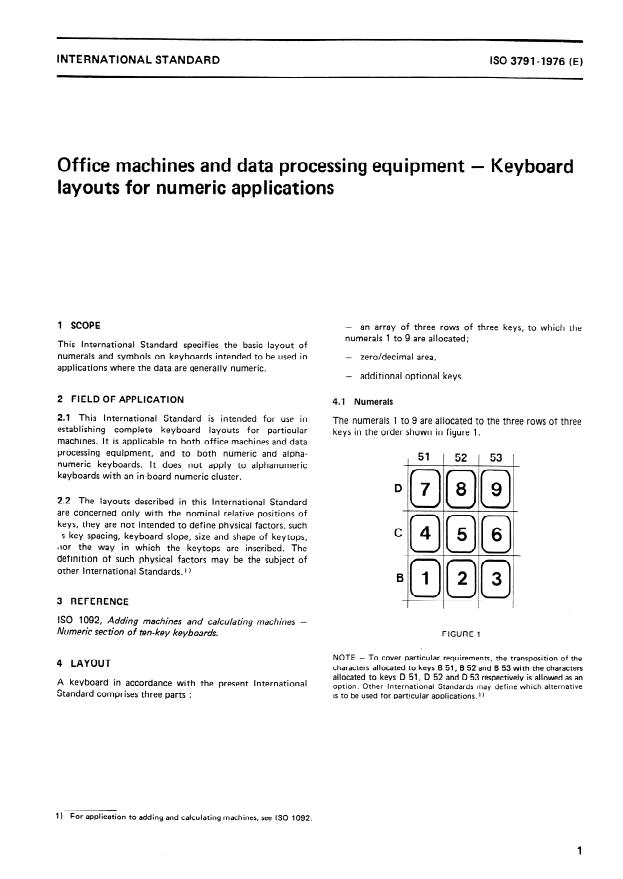 ISO 3791:1976 - Office machines and data processing equipment -- Keyboard layouts for numeric applications