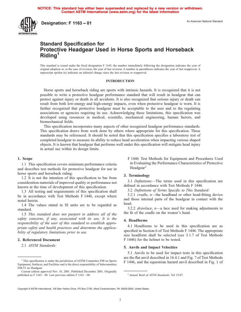 ASTM F1163-01 - Standard Specification for Protective Headgear Used in Horse Sports and Horseback Riding