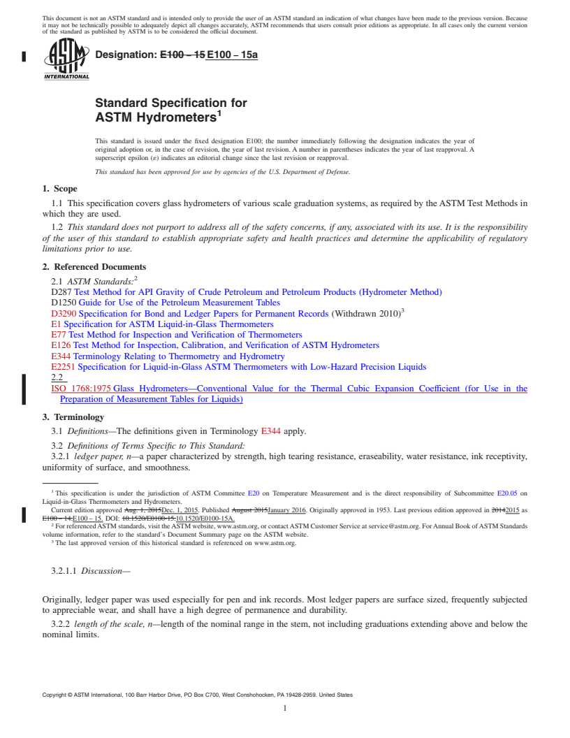 REDLINE ASTM E100-15a - Standard Specification for  ASTM Hydrometers