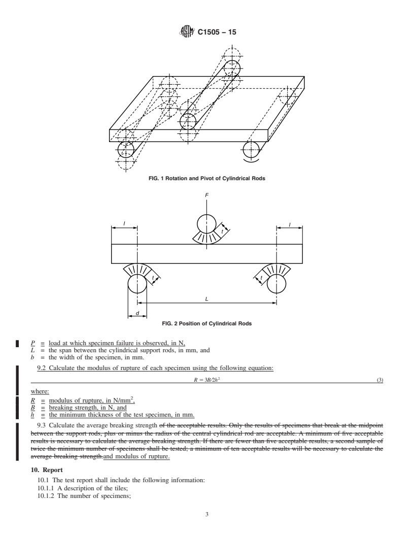 REDLINE ASTM C1505-15 - Standard Test Method for  Determination of Breaking Strength and Modulus of Rupture of  Ceramic Tiles and Glass Tiles by Three-Point Loading