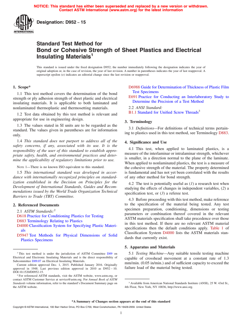 ASTM D952-15 - Standard Test Method for  Bond or Cohesive Strength of Sheet Plastics and Electrical  Insulating Materials