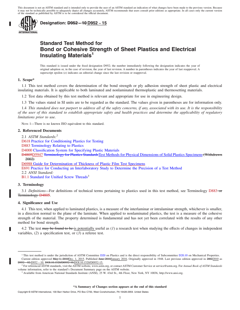 REDLINE ASTM D952-15 - Standard Test Method for  Bond or Cohesive Strength of Sheet Plastics and Electrical  Insulating Materials