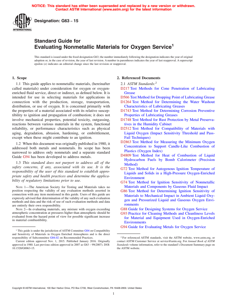 ASTM G63-15 - Standard Guide for  Evaluating Nonmetallic Materials for Oxygen Service