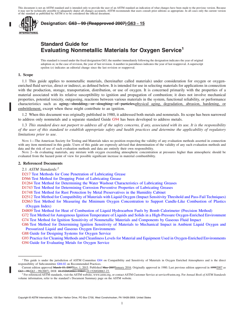 REDLINE ASTM G63-15 - Standard Guide for  Evaluating Nonmetallic Materials for Oxygen Service