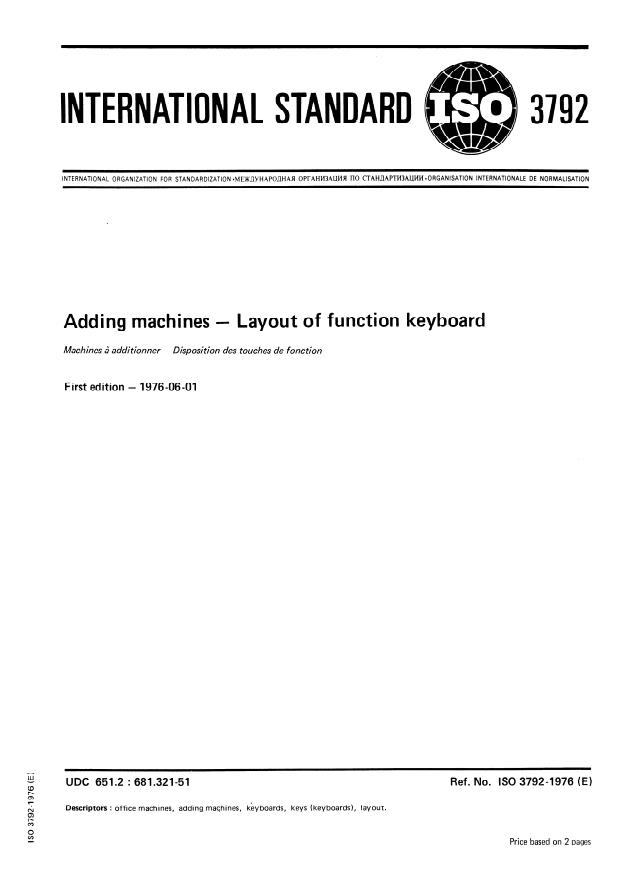ISO 3792:1976 - Adding machines -- Layout of function keyboard