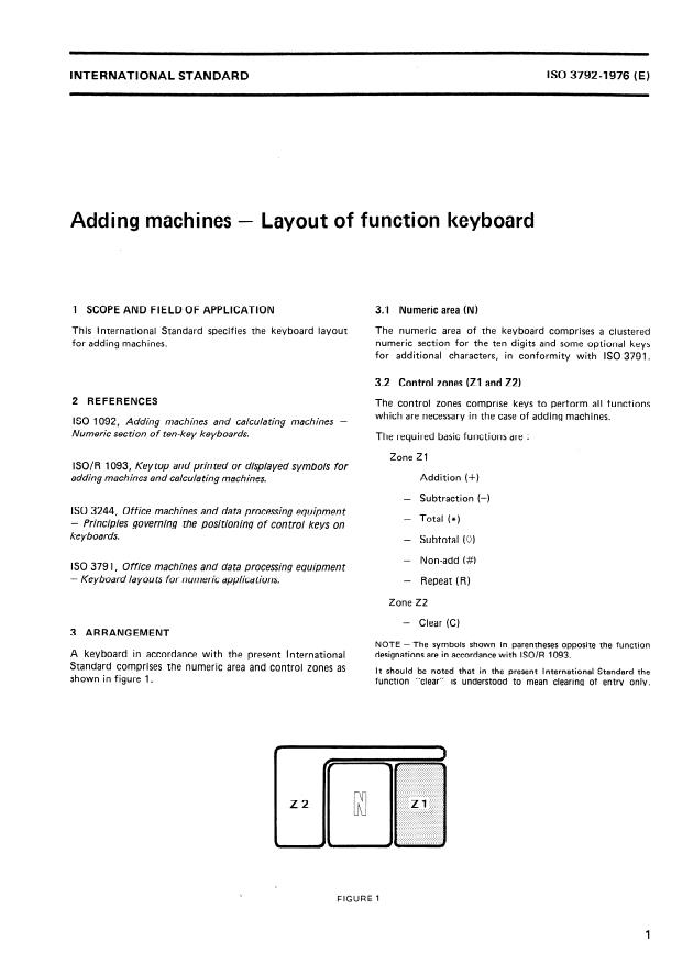 ISO 3792:1976 - Adding machines -- Layout of function keyboard