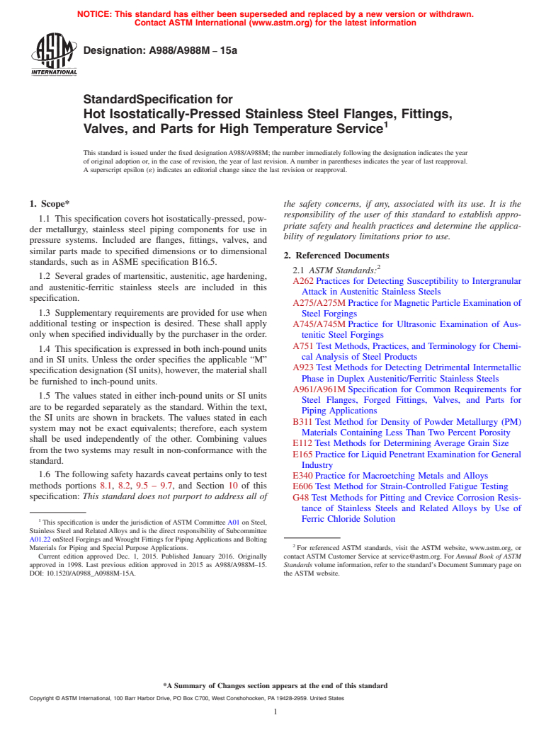 ASTM A988/A988M-15a - Standard Specification for  Hot Isostatically-Pressed Stainless Steel Flanges, Fittings,   Valves, and Parts for High Temperature Service