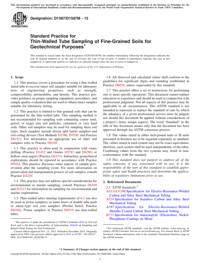 ASTM D1587/D1587M-15 - Standard Practice for  Thin-Walled Tube Sampling of Fine-Grained Soils for Geotechnical  Purposes