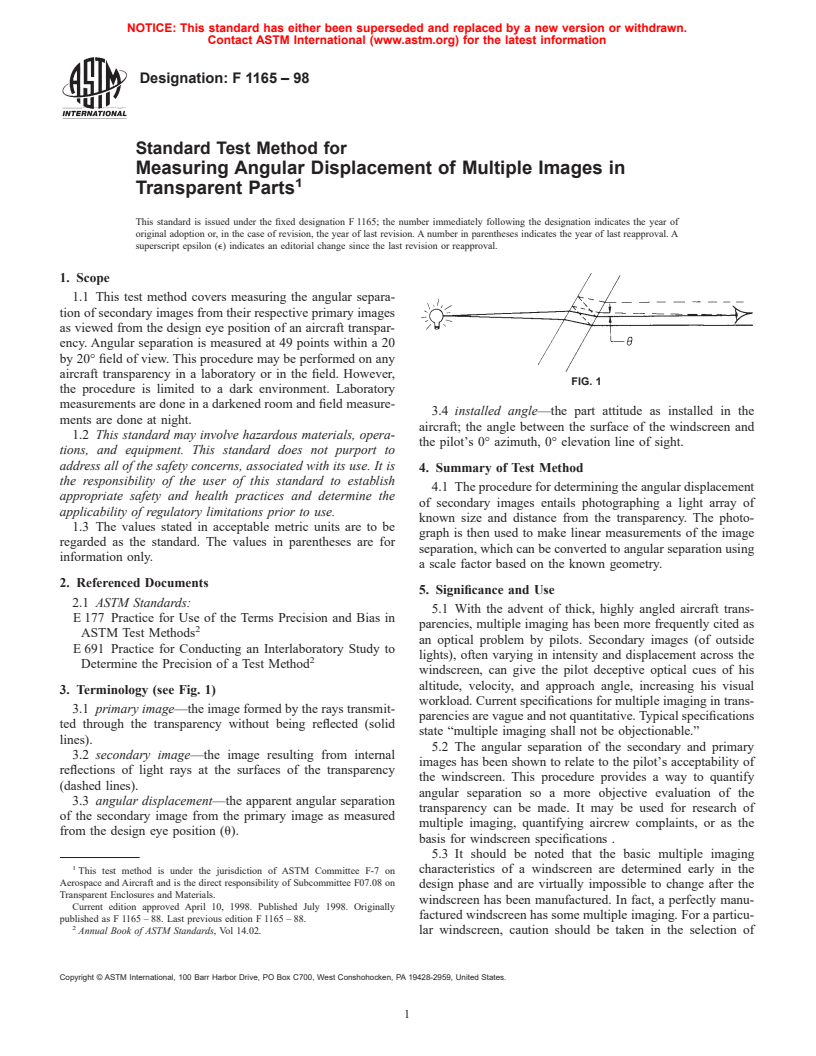 ASTM F1165-98 - Standard Test Method for Measuring Angular Displacement of Multiple Images in Transparent Parts