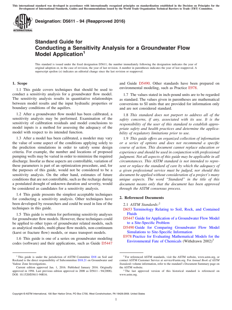 ASTM D5611-94(2016) - Standard Guide for  Conducting a Sensitivity Analysis for a Groundwater Flow Model   Application