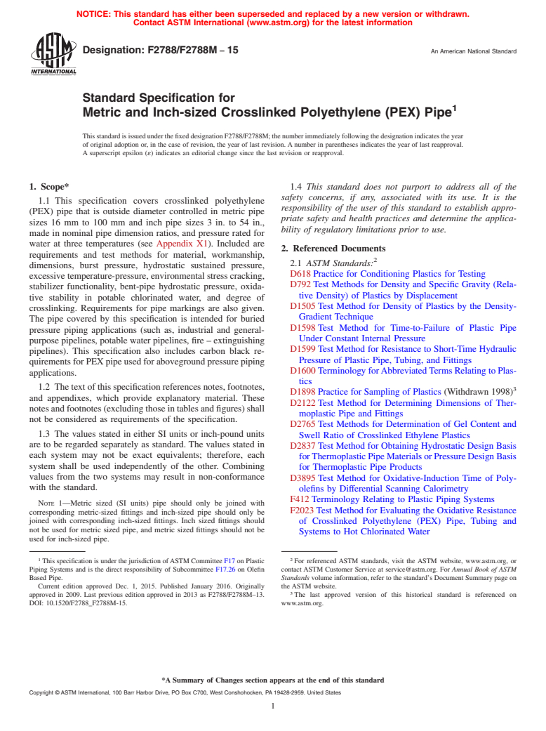 ASTM F2788/F2788M-15 - Standard Specification for  Metric and Inch-sized Crosslinked Polyethylene (PEX) Pipe