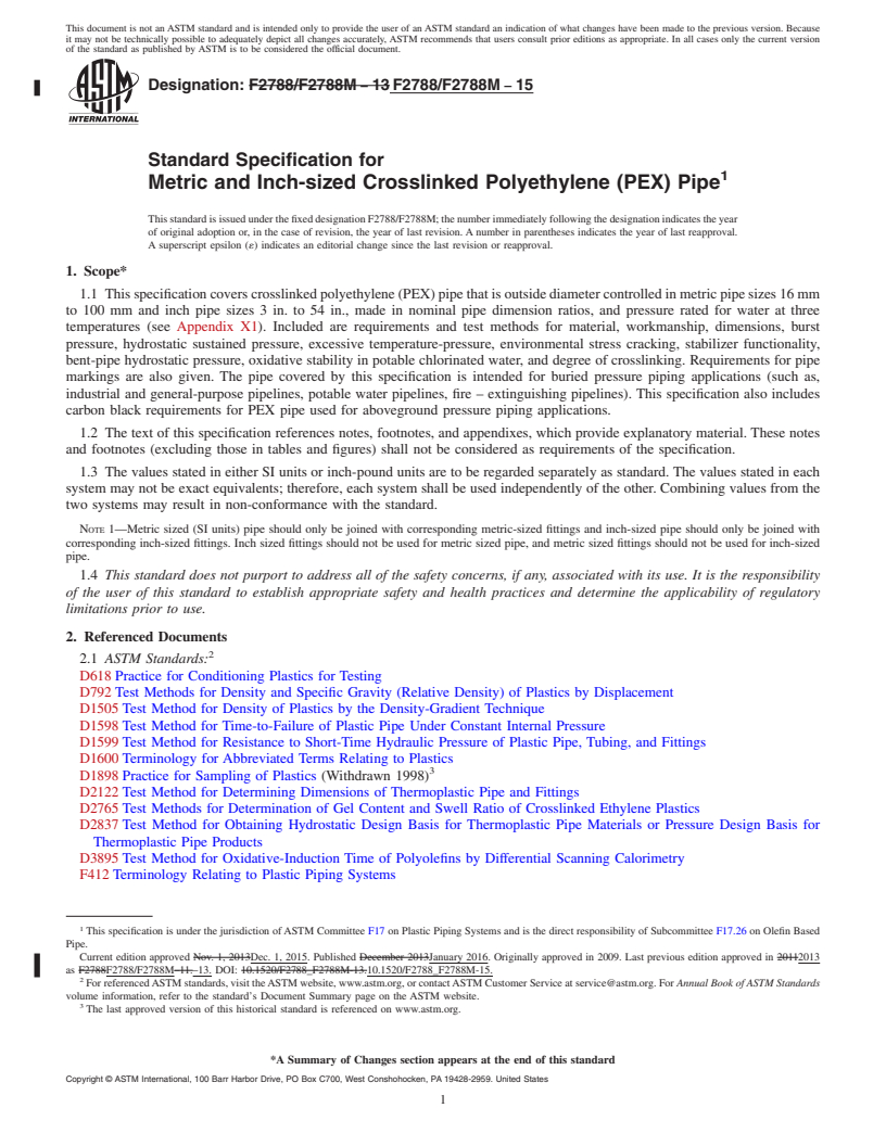 REDLINE ASTM F2788/F2788M-15 - Standard Specification for  Metric and Inch-sized Crosslinked Polyethylene (PEX) Pipe