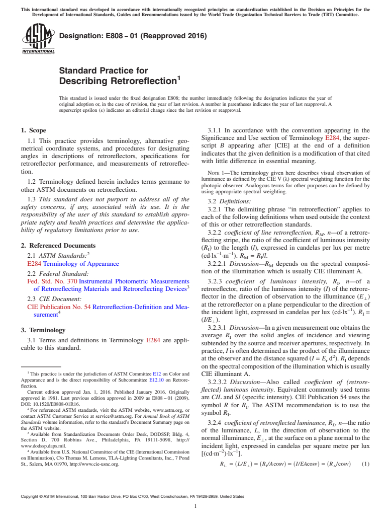 ASTM E808-01(2016) - Standard Practice for Describing Retroreflection