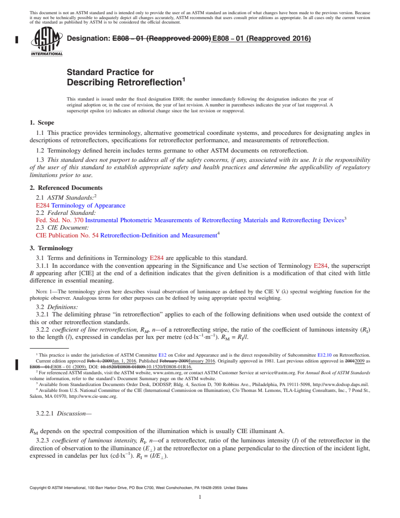 REDLINE ASTM E808-01(2016) - Standard Practice for Describing Retroreflection