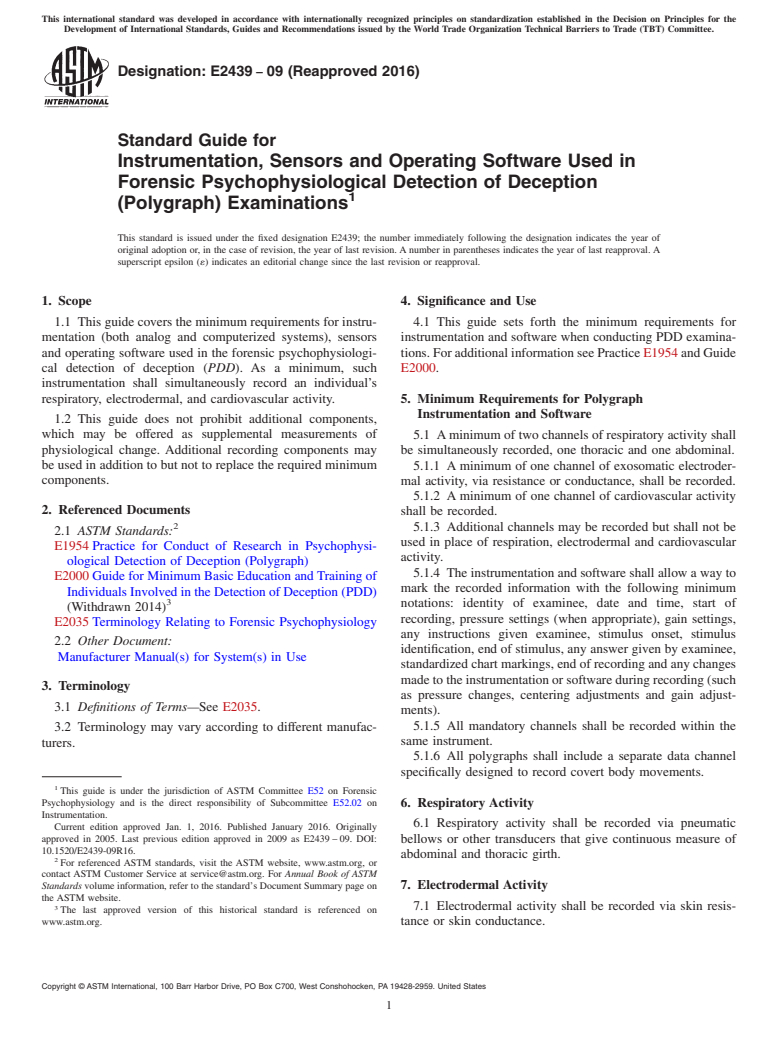 ASTM E2439-09(2016) - Standard Guide for  Instrumentation, Sensors and Operating Software Used in Forensic  Psychophysiological  Detection of Deception (Polygraph) Examinations