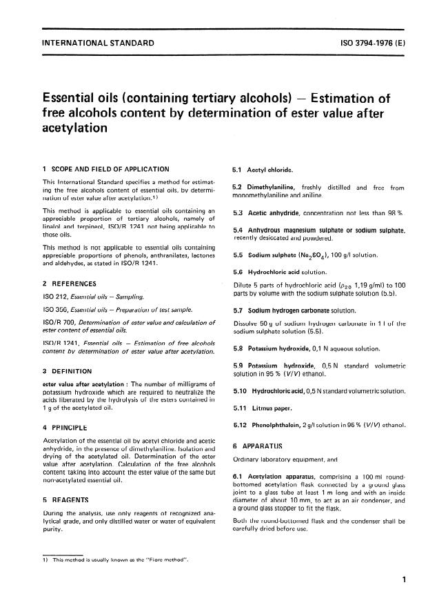 ISO 3794:1976 - Essential oils (containing tertiary alcohols) -- Estimation of free alcohols content by determination of ester value after acetylation