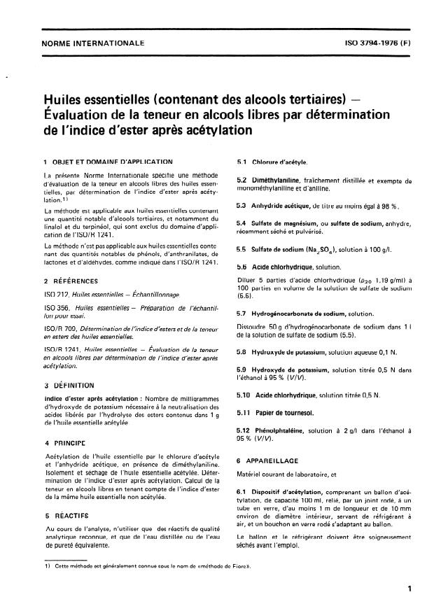 ISO 3794:1976 - Huiles essentielles (contenant des alcools tertiaires) -- Évaluation de la teneur en alcools libres par détermination de l'indice d'ester apres acétylation