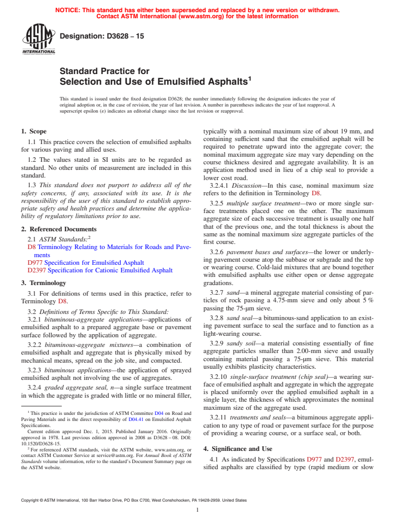 ASTM D3628-15 - Standard Practice for Selection and Use of Emulsified Asphalts