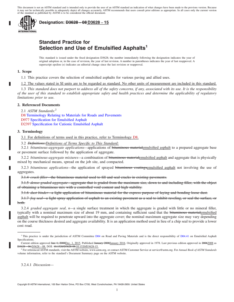 REDLINE ASTM D3628-15 - Standard Practice for Selection and Use of Emulsified Asphalts